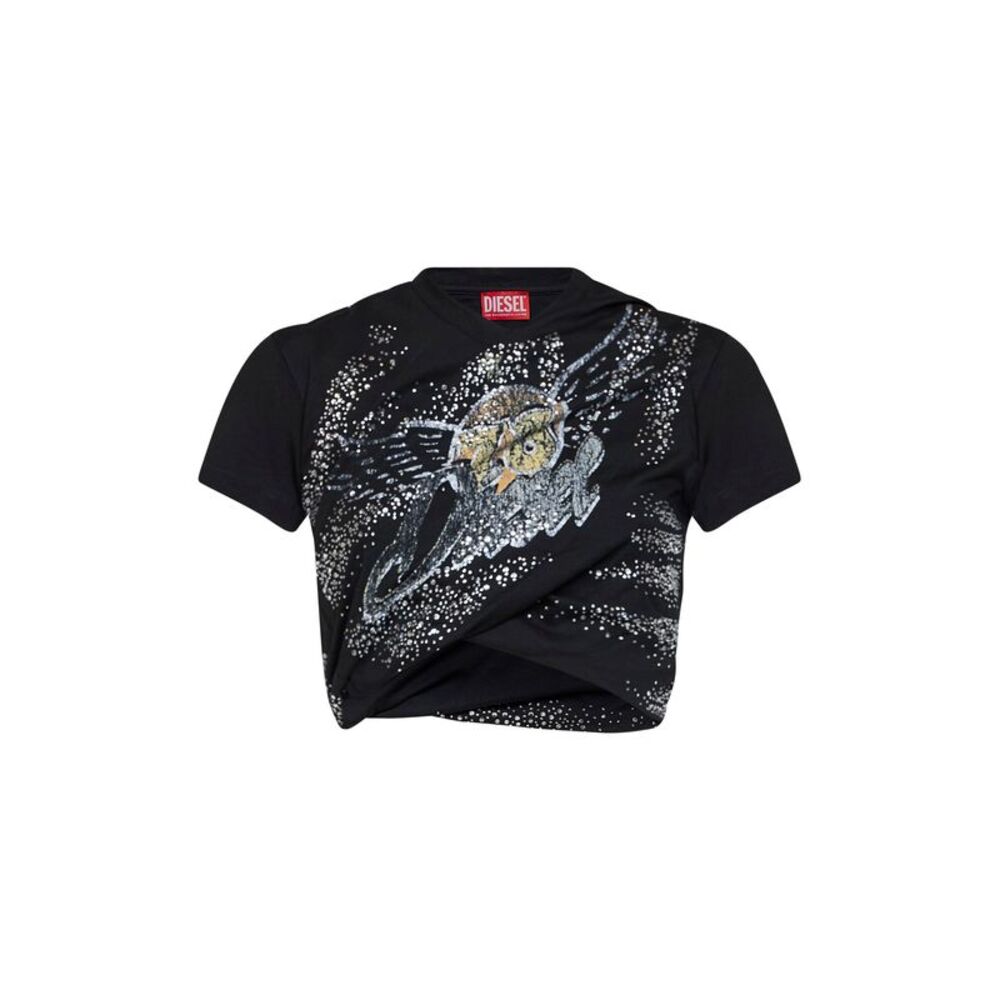 Diesel Women Black Double-Layer Jersey T-Wincy Printed Cropped T-Shirt